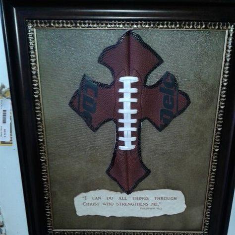 Football Shadow Box Ideas, Football Jersey Shadow Box Ideas, Dollar Tree Wire Football Frame, Football Plaque Ideas, Senior Football Gifts, Football Cross, Football Coach Gifts, Senior Football, Football Ball