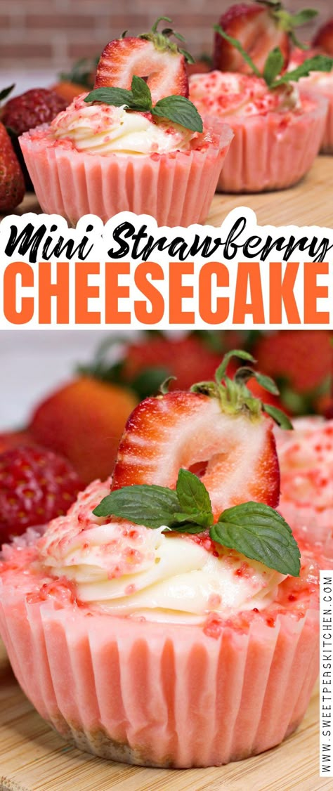 Mini Strawberry Cheesecake Recipe Mini Strawberry Cake, Recipe For Strawberry Shortcake, Strawberry Shortcake Cheesecake Recipe, Shortcake Recipes, Strawberry Cheesecake Cupcakes, Strawberry Cheesecakes, Mini Strawberry Cheesecake, Mini Cheesecake Bites, Strawberry Shortcake Cheesecake