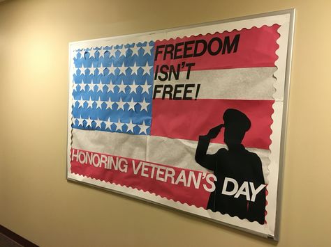 Simple but meaningful November/Veteran's Day bulletin board for resident advisors. #RA #VeteransDay Veterans Day Bulletin Board, Veterans Day Decorations, Veterans Day Celebration, Planning School, Veterans Day Activities, Church Bulletin Boards, Honoring Veterans, School Doors, Leader In Me