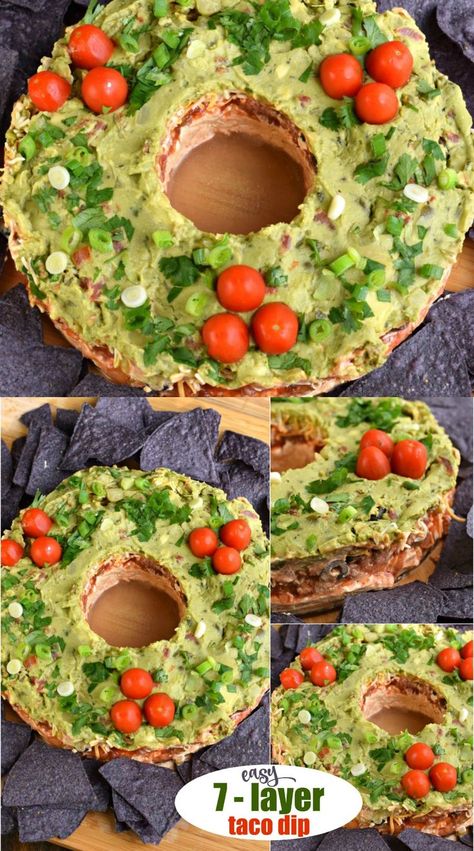 Quick and easy Festive Christmas Wreath Layered Taco Dip Recipe is the perfect holiday appetizer. Add the festive holiday touches, or serve it in a trifle for a true 7 layer taco dip experience! #christmas #holiday #appetizer #tacodip Quick Holiday Appetizers, Layer Taco Dip, 7 Layer Taco Dip, 7 Layer Dip Recipe, Holiday Appetizers Christmas, Layered Taco, Christmas Dip, Layered Dip Recipes, Taco Dip Recipe