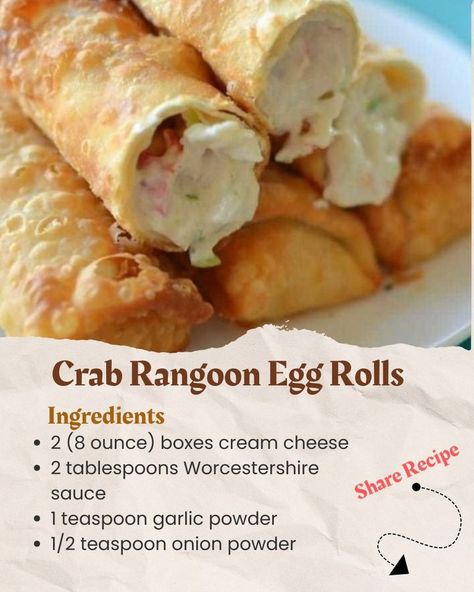 Cheese 1 box\nEggs 1 dozen\nRecipe comment: Must express something to keep getting my recipes.... Thank you.\nDissolve cheese in saucepan, mix with eggs. Pour into egg roll wrappers, fry until golden. Enjoy\n#EggRollRecipe #CrabRangoon Cream Cheese Egg Rolls, Crab Rangoon Egg Rolls, Cheese Egg Rolls, Egg Roll Ingredients, Egg Roll Recipe, Telur Gulung, Fusion Dishes, Crab Rangoon, Egg Roll Recipes