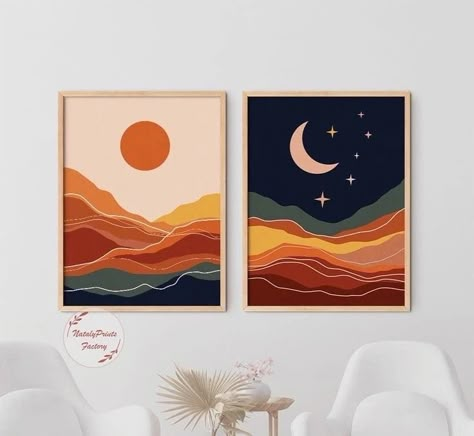 Boho Sun And Moon, Boho Art Painting, Sun And Moon Print, Sun Landscape, Navy Blue Wall Art, Mid Century Modern Minimalist, Boho Painting, Creative Wall Art, Art Mid Century Modern