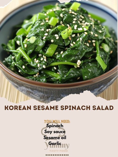 🌿🥗 Light and refreshing, this Korean Sesame Spinach Salad is packed with flavor and perfect for any meal! 🥢✨ #SesameSpinachSalad #KoreanSideDish Korean Sesame Spinach Salad Ingredients: Spinach (200g, blanched) Soy sauce (1 tbsp) Sesame oil (1 tbsp) Garlic (1 clove, minced) Sesame seeds (1 tbsp) Salt (to taste) Green onions (1, chopped) Instructions: Blanch spinach in boiling water for 30 seconds. Drain and cool. In a bowl, mix soy sauce, sesame oil, garlic, and salt. Toss the spinach in ... Asian Spinach, Sesame Spinach, Korean Side Dishes, Summer Dishes, Spinach Salad, Boiling Water, Sesame Oil, Salad Ingredients, Sesame Seeds