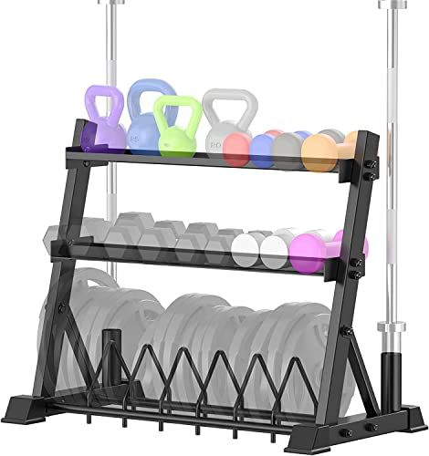 ULTRA FUEGO Dumbbell Rack 3-Tier Weight Plate Rack Storage Stand for Dumbbell/Kettlebell/Weight Plate and Curl Bar Weight Plate Storage, Home Gym Storage, Dumbbell Storage, Kettlebell Rack, Weight Rack, Weight Bar, Olympic Weights, Gym At Home, Dumbbell Rack