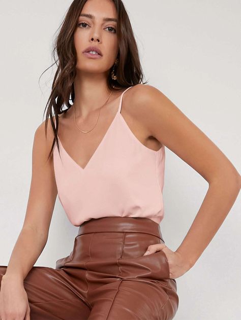 SHEIN BASICS Solid Cami Top | SHEIN USA Baby Pink Top Outfit, Light Pink Top Outfit, Pink Tank Tops Outfit, Pink Top Outfit, Pink Farmhouse, Baby Pink Top, Light Pink Top, Light Pink Tops, Tank Top Outfits