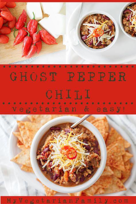 Ghost Pepper Chili Recipe, Habanero Chili Recipe, Ghost Pepper Recipes, Spicy Vegetarian Chili, Chili Toppings, Lentil Chili, Pumpkin Chili, Ghost Pepper, Chili Recipe Easy