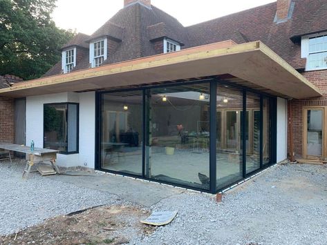 Sunroom Addition Exterior View, Corner Glass Doors, Corner Bifold Doors, Glass Room Extension, External Glass Doors, Wraparound Extension, Sliding Glass Doors Patio, Flat Roof Extension, Conservatory Design