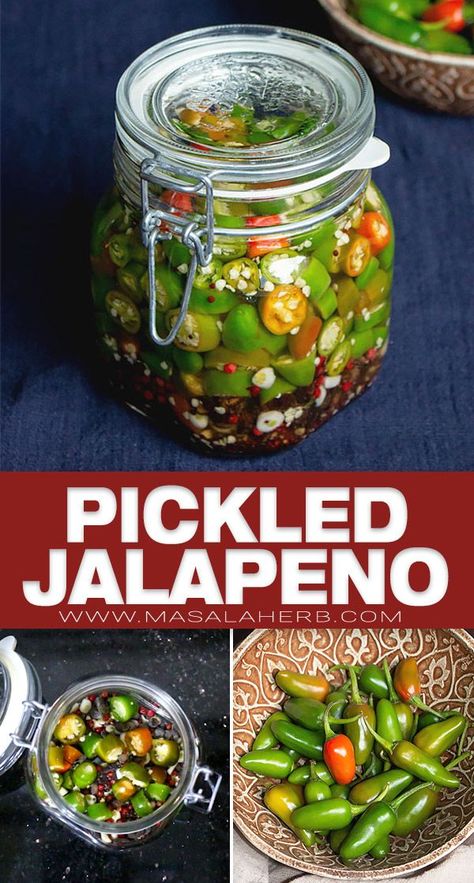 Quick Pickled Jalapenos Recipe - Spicy easy jalapenos in brine. DIY homemade pickle prepared with fresh jalapenos. Learn canning + to preserve. With uses, flavor ideas and more www.MasalaHerb.com Quick Pickled Jalapenos, Pickled Jalapenos Recipe, Pickled Jalapeno Recipe, Pickled Vegetables Recipe, Pickled Jalapenos, Canning Vegetables, Quick Pickled, Jalapeno Recipes, Hot Sauce Recipes