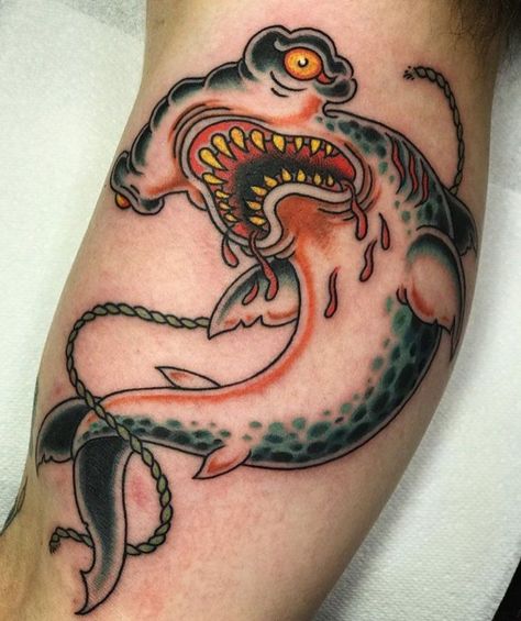 Hammerhead Tattoo Madison GA Doors Tattoo, Hammerhead Tattoo, Dog Tags Tattoo, Tengu Tattoo, Tattoo Shark, Traditional Shark Tattoo, Ocean Sleeve Tattoos, Creatures Of The Deep, Hammerhead Shark Tattoo