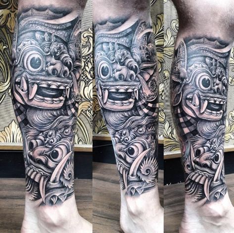 One of my favourite pieces on my leg. Traditional Balinese Barong and Rangda mask symbolising both good and evil. Done at Golden Ink in Kuta Bali Bali Images, Balinese Tattoo, Tattoo Mistakes, Tato Tradisional, Best Leg Tattoos, Tipografi 3d, Nerd Tattoo, Traditional Ink, Leg Tattoo Men