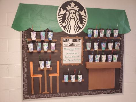 Grocery Store Bulletin Board, Star Books Cafe Classroom, Starbucks Bulletin Board, Starbucks Classroom Transformation, Starbooks Library, Informational Bulletin Board, Starbooks Cafe Classroom, Teaching Necessities, Classroom Color Scheme