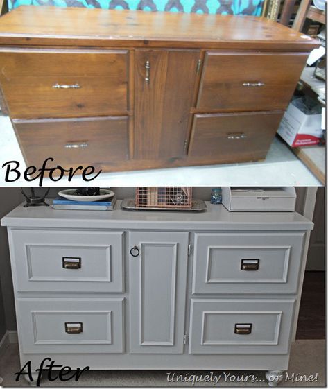 What a transformation!  Bun feet, a bit of wood trim and new hardware along with the paint make this piece nearly unrecognizable from the "before".  Beautifully done.