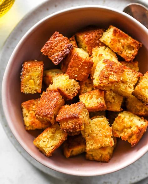 These cornbread croutons are easy to make with 3 ingredients in less than 30 minutes. Watch the video and follow the step-by-step instructions to learn how to make cornbread croutons - my favorite way to use up leftover cornbread. Cornbread Recipe From Scratch, Homemade Stuffing Recipe, Homemade Stuffing Recipes, Traditional Bread Recipe, Cornbread Croutons, Best Cornbread, Leftover Cornbread, Croutons Recipe, Best Cornbread Recipe