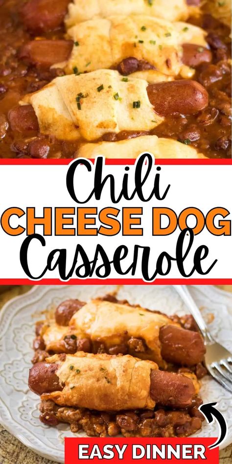 Chilli Dog Casserole, Chili Recipies, Chilli Cheese Dogs, Baked Chili Cheese Dogs, Hot Dog Crescent Rolls, Hot Dog Casserole, Chili Cheese Hot Dog, Chili Dog Casserole, Baked Chili