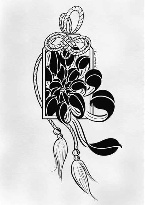 Japanese Flowers Design, Japanese Inspired Drawings, Omamori Tattoo Design Black, Omamori Drawing, Japanese Omamori Tattoo, Omamori Illustration, Japanese Tattoo Simple, Japanese Blackwork Tattoo, Omamori Tattoo Design