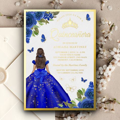 $3.95 | Royal Blue Floral Dress Butterfly Quinceanera Gold #quinceañera, shiny luxury glam girly chic, modern elegant cute stylish fancy, crown tiara magical fairytale princess, fifteen 15th birthday party, mis quince anos mexican latina, gold foil, botanical watercolor painted roses, pretty gown brunette, flowers Royal Blue Floral Dress, Black Quinceanera, Royal Blue Quinceanera, Invitations Quinceanera, Butterfly Invitations, Dress Butterfly, Gold Foil Invitation, Blue Floral Dress, Foil Invitations