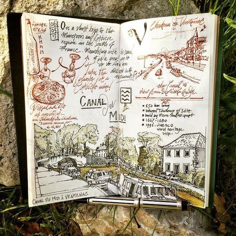 Kunstjournal Inspiration, Travel Journal Pages, Album Journal, Travel Art Journal, Travel Sketchbook, Sketch Journal, Notebook Art, Midori Travelers Notebook, Travel Sketches