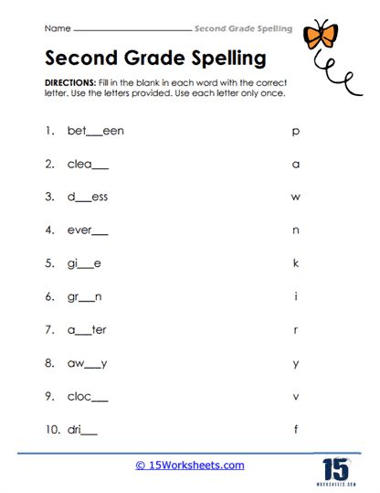 Missing Letters Worksheet - 15 Worksheets.com Spelling Words For 2nd Grade Activities, Grade 2 Spelling Words Worksheets, Spelling Words Worksheets, Missing Letters Worksheet, 2nd Grade Spelling Words, Letter A Coloring Pages, 2nd Grade Spelling, Missing Letters, 2nd Grade Activities