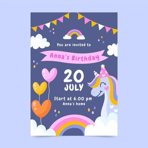 Hand drawn unicorn birthday invitation t... | Free Vector #Freepik #freevector #birthday #invitation #kids #hand-drawn Kids Invitations Birthday, Kids Birthday Invitation Template, Kids Birthday Invitation Card, Kids Party Invitations, Digital Invitations Birthday, Kids Unicorn Party, Birthday Party Invitations Free, Invitation Card Party, Unicorn Invitation