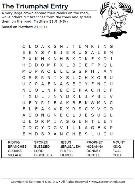 The Triumphal Entry - Word Search Puzzle Triumphal Entry Craft For Kids, The Triumphal Entry, Jesus Triumphal Entry Craft, Triumphal Entry Activities, Lucky Charms Bible Lesson, Triumphal Entry Craft, Palm Sunday Word Search, Easter Children’s Sermon, Triumphal Entry