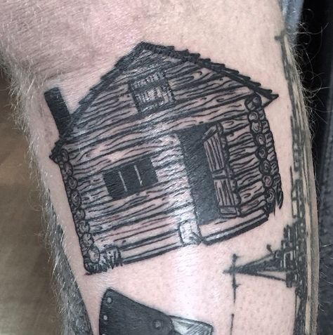 Log Cabin Tattoo, Cabin Tattoo, Forearm Tattoo Quotes, Engraving Tattoo, Forearm Tattoo, Blackwork Tattoo, Deathly Hallows Tattoo, Log Cabin, Ink Tattoo