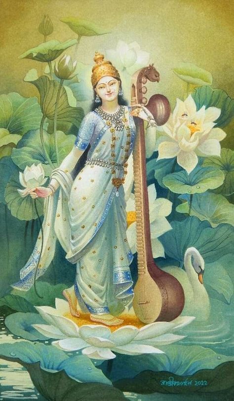 Sarasvati Ma, Saraswati Wallpaper, Maa Love, Saraswati Mata, Saraswati Devi, Durga Painting, Kerala Mural Painting, Hinduism Art, Vedic Art