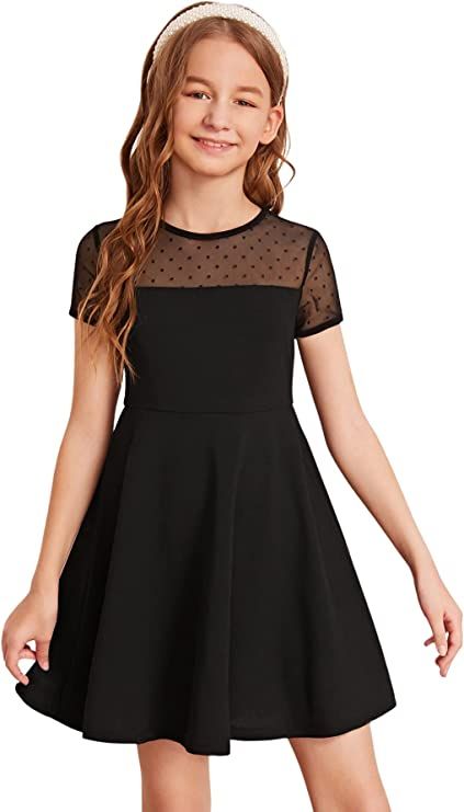 Amazon.com: SOLY HUX Girl's Contrast Mesh Short Sleeve High Waist Flared A Line Short Dress Black 6Y: Clothing, Shoes & Jewelry Girls Black Dress, 파티 드레스, A Line Shorts, Solid Dress, Girls Fashion, Dot Dress, Belted Dress, Fit And Flare Dress, Kids Dress