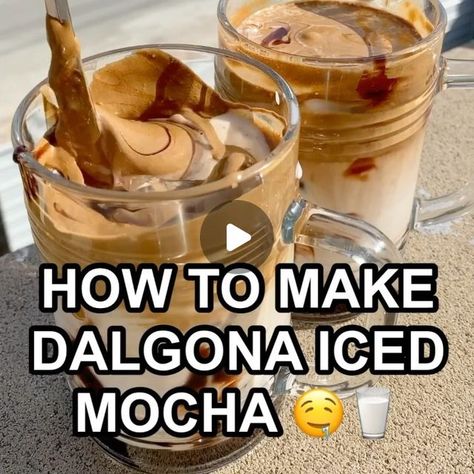 LONDON FOODEE | Halal Food on Instagram: "HOW TO MAKE DALGONA ICED MOCHA 🤤🍫🥛! I know I’m late to the trend but I didn’t just want to make an unoriginal recipe video for the sake of it, I wanted to create something different, so here it is, a chocolate or mocha lovers dream, Dalgona Iced Mocha! ⁣
⁣
For 2 glasses you’ll need ☕: ⁣
- 2 tbsp instant coffee ⁣
- 2 tbsp granulated sugar⁣
- 3 tbsp boiling water⁣
- 3 tbsp chocolate sauce (or melted chocolate)⁣
- 2 cups milk⁣
- 1 cup ice⁣
⁣
I thought I’d have to whisk for more than 5 mins but it only took 2 mins so don’t worry if you don’t have an electric whisk, a hand whisk will do! 💪" Dalgona Coffee Recipes, Electric Whisk, Halal Food, Iced Mocha, Halal Recipes, Melted Chocolate, Chocolate Sauce, Instant Coffee, Recipe Video