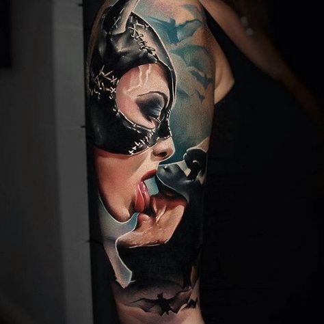 Inked Magazine on Instagram: “Rad @sandradaukshtatattoo #inked #inkedmag #tattoo #tattooartist #batmantattoo #catwomantattoo #realismtattoo #colortattoo” Catwoman Tattoo, Batman Tattoo Sleeve, 12 Tattoos, Tattoo Posters, Worlds Best Tattoos, Batman Tattoo, Wicked Tattoos, Cat Woman, Inked Magazine