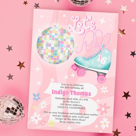 Groovy Retro Disco Floral Roller Skate Sweet 16 Invitation #zazzle #weddinginvitations #birthdayinvitations #babyshowerinvitations #zazzleinvitations #monogram #businesscards #graduation #homedecor Groovy Skating Party, Roller Skate Disco Party, Disco Skate Party, Roller Disco Party, Roller Skate Invitations, Disco Roller Skating, Skate Invitations, Roller Skate Party, Skate Birthday Party