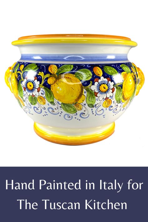 Lemons on Blue contemporary majolica, Italian pottery designed and hand painted by Piero Borgioli and his team of artisans just outside of Florence, Italy. Made for The Tuscan Kitchen. #dinnerware #madeinitaly #ceramics #lemons #handpaintedceramics #tuscanstyle #tuscandecor #lemons #italianpottery Italian Pottery Ceramics Italy, Italian Pottery Tuscany, Tuscan Pottery, Deruta Italian Ceramics, Clay Cafe, Lemon Centerpieces, Italian Flowers, Pretty Pottery, Italian Majolica