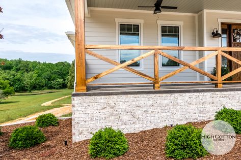 Deck Railing Farmhouse, Farmhouse Style Porch Railings, Front Porch Without Railing Farmhouse, Modern Farmhouse Front Porch Railing, Farmhouse Porch Railing Wood, Porch Hand Rail Ideas, Front Porch Banisters And Railings, Farmhouse Deck Railing, Front Porch Without Railing