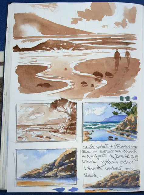 Toned Gray Sketchbook, Water Colour Travel Journal, Watercolor Study Ideas, Landscape Art Sketchbook, Landscape Sketchbook Ideas, Watercolour Sketchbook Ideas, Composition Sketchbook, Art Studies Sketchbook, How To Paint With Watercolors