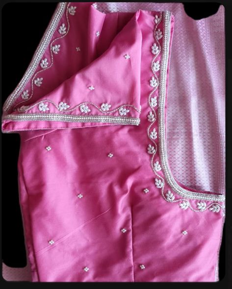 Blouse Back Neck Handwork Designs, Work Blouses Maggam Latest Simple, Blouse Simple Hand Work Designs, White Beads Aari Work Blouse, Very Simple Maggam Work Designs, Simple Maggam Works For Blouses, Simple Pearl Work Blouses, Simple Beads Design On Blouse, Maggam Work Simple Designs