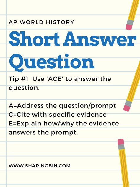 Helpful writing tips for the Short Answer Questions to prepare for the AP Exam. Study Tips For Ap Classes, Apush Study Guide, Ap Classes Tips, Ap World History Tips, Ap World History Notes, Question Template, Answer Writing Tips In Exam, Study Tactics, Ap History