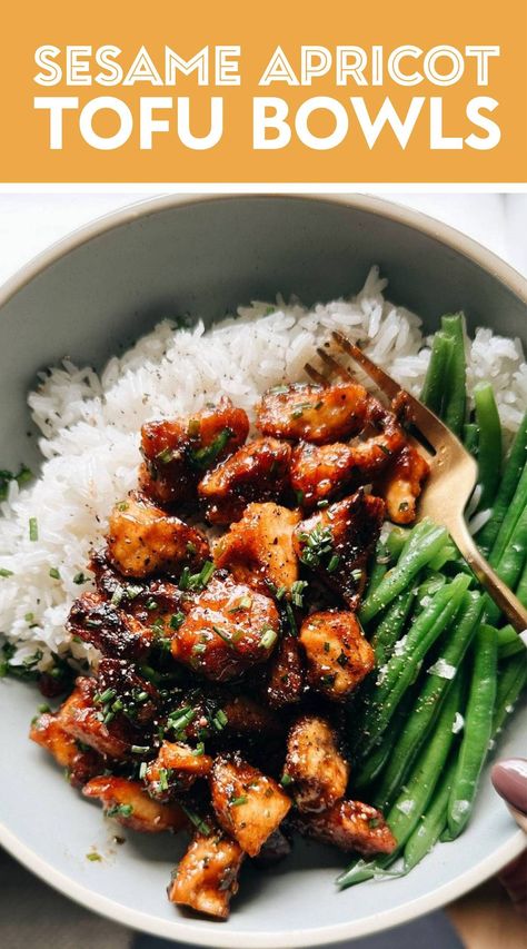 Torn-up tofu pan-fried into crispiness and made saucy, sticky, and sweet into this Sesame Apricot Tofu. An easy, simple vegetarian dinner that's deliciously saving my life! #tofu #vegetarian Crispy Tofu Recipes, Simple Vegetarian Dinner, Sticky Tofu, Steamed Green Beans, Easy Vegetarian Dinner, Creamy Mushroom Sauce, Crispy Tofu, Extra Firm Tofu, Creamy Mushrooms