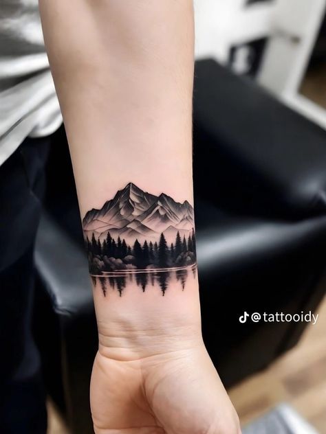 Disconnected Tattoo Sleeve, Forest Moutain Tattoos, Arms Cover Up Tattoo, Outdoor Half Sleeve Tattoo For Women, Waterfalls Tattoo Ideas, Forest Tattoo Wrist, Tattoo Script Cover Up, Mountain Range Tattoo Men, Forest Ankle Tattoo