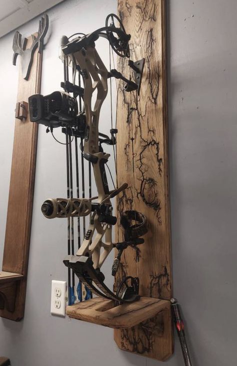 Hunting Gear Room, Hunting Bow Holder Diy, Compound Bow Storage, Hunting Bow Holder, Archery Rack Diy Bow Holders, Archery Bow Holder, Compound Bow Rack Diy, Gear Room Organization, Compound Bow Holder