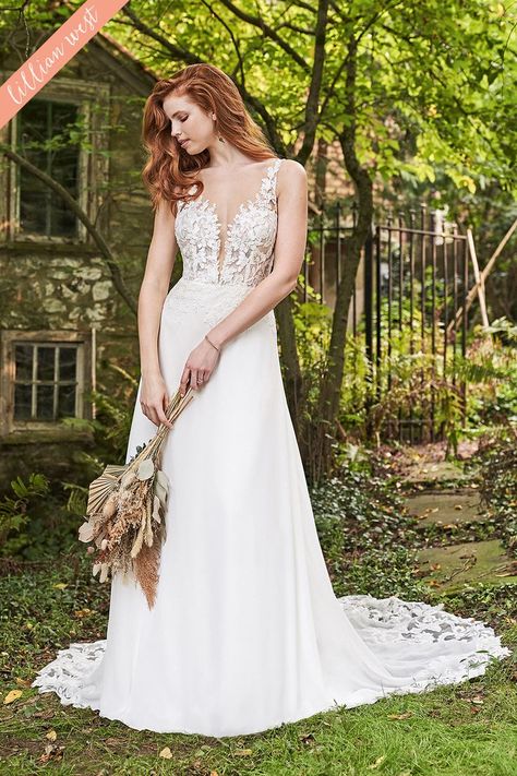 Effortless and romantic, this chiffon A-line bridal dress will make you feel like a bride. It features a plunging illusion Sabrina neckline that perfectly blends with your skin, making the sequined lace appliqués appear to be floating along the neckline up to the straps. A Chantilly lace underlay in the sheer bodice offers a touch of extra detailing. Appliqués cascade down onto the floaty chiffon skirt and continue around to create a stunning cutout chapel length train. Lillian West Bridal, Lillian West Wedding Dress, Sabrina Neckline, Justin Alexander Signature, Lillian West, Bridal Elegance, Aline Dress, A Line Gown, Plus Size Wedding