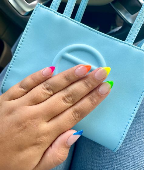 Neon Rainbow French Tip Nails Almond, Neon French Tip Almond Nails, Neon Tip Nails Almond, Neon Pride Nails, Neon Almond Nails Summer, Rainbow French Tip Nails Almond, Pride Nails Almond, Almond Rainbow Nails, Almond Nails Rainbow