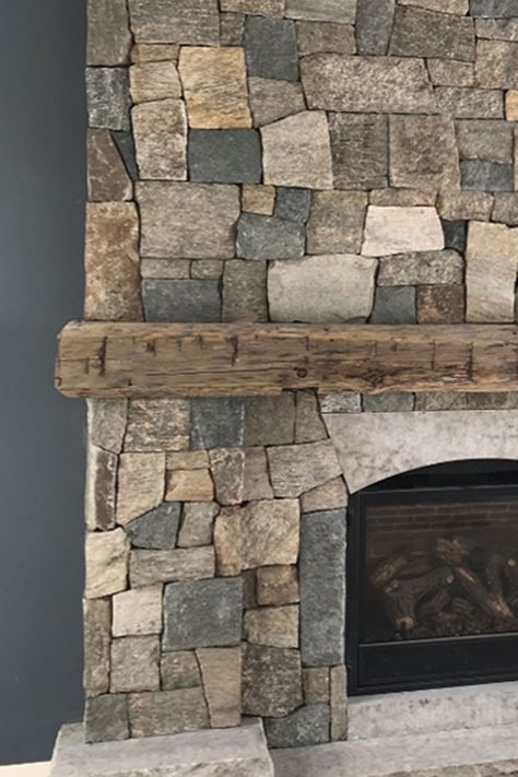 Rock Fireplace With Mantle, Rock Hearth Fireplace, Rock Veneer Fireplace, Wide Stone Fireplace, Stone For Fireplace Surround, Stone Fireplace Mantels, Craftsman Stone Fireplace, Drystack Stone Fireplace, Raised Hearth Fireplace Ideas