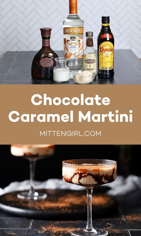 Chocolate martinis are a cocktail twist on a chocolate milkshake. In this chocolate caramel martini, caramel vodka, Godiva liqueur, and vanilla ice cream combine for a decadent and creamy dessert drink. Chocolate Martini Recipe Vodka, Godiva Chocolate Martini, Chocolate Martinis, White Chocolate Martini, Caramel Martini, Chocolate Martini Recipe, Martini Recipes Vodka, Vodka Cocktails Easy, Caramel Vodka