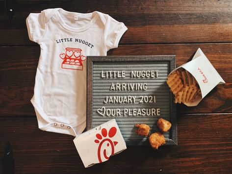 CFA themed pregnancy announcement. Little nugget. Unique Expecting Announcements, Little Nugget Baby Shower Ideas, Chick Fil A Baby Announcement, Chick Fil A Pregnancy Announcement, Parent Baby Announcement, Pregnancy Announcement To Husband 2nd, How To Tell Husband About Pregnancy, Food Pregnancy Announcement, Pregnancy Announcement To Kids