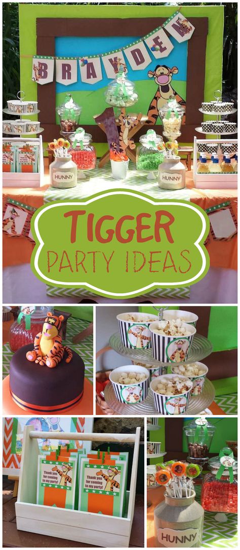 This Tigger party is so fun! There's popcorn and a cool cake! See more party planning ideas at CatchMyParty.com! Tigger Party Ideas, Tigger Themed First Birthday, Tigger Birthday Party, Tigger Party, Tigger Birthday, Tiger Birthday Party, Pooh Winnie, Pooh Party, Tiger Birthday