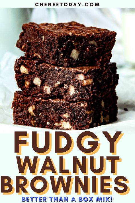 The BEST chewy, gooey, fudgy double chocolate fudge walnut brownies recipe! They're so easy to make homemade from scratch but so much BETTER than a box mix! #brownierecipe #easybrownies #walnutbrownie #walnutbrownies Nut Brownies Recipe, Best Walnut Brownie Recipe, Chocolate Brownies With Nuts Recipe, Brownie Walnut Recipes, Homemade Walnut Brownies, Brownies With Walnuts Recipe Homemade, Brownie Recipes With Nuts Baking, Walnut Fudge Brownies, Walnut Brownie Recipes