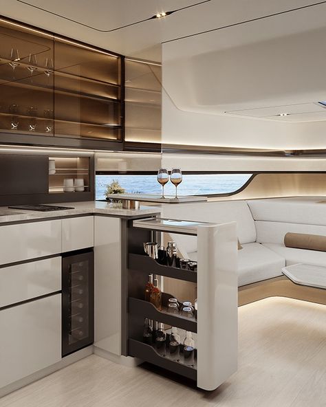 Open - Boat interior design :: Behance Bedroom With Two Beds, Boat Bed, Boat Interior Design, Yacht Interior Design, Interior Design Renderings, Electric Boat, Private Yacht, Yacht Interior, Boat Interior