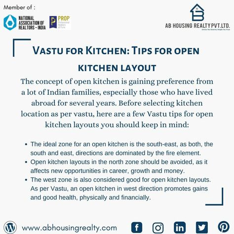 Vastu for Kitchen: Tips for open kitchen layout. #abhousingrealtypvtltd #Vastutips #Vastu #Shastra #home #Kitchen #Layout #Tips #NewHome #homedecor Vastu Kitchen Layout, Open Kitchen Layout, Kitchen Vastu, Open Kitchen Layouts, Indian Family, Fire Element, Vastu Shastra, Kitchen Tips, Open Kitchen