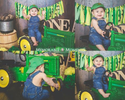 Tractor Birthday Pictures, Tractor Cake Smash, Tractor One Year Birthday, Tractor Themed First Birthday, First Birthday Boy Tractor Theme, John Deere Smash Cake, John Deere First Birthday Ideas, First Birthday Tractor Theme, John Deere 1st Birthday Party