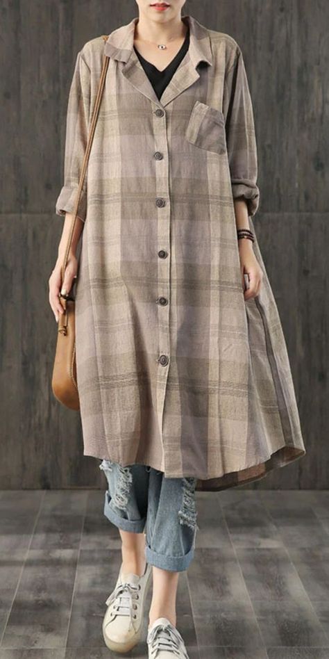 Shirt Dress Fall, Gray Plaid Shirt, Linen Fashion, Plaid Dress Shirt, Shirts Design, Designs For Dresses, Cotton Fabrics, Mode Inspiration, Cotton Top