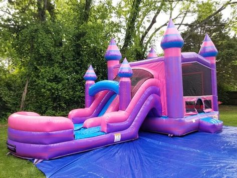 Pink and Purple bounce house rentals Nashville | Jumping Hearts Party Rentals Slide And Ball Pit, Modern Bounce House, Bounce Castle, House With Slide, Bounce House With Slide, A Royal Affair, Party Inflatables, Bounce House Rentals, Bubble House